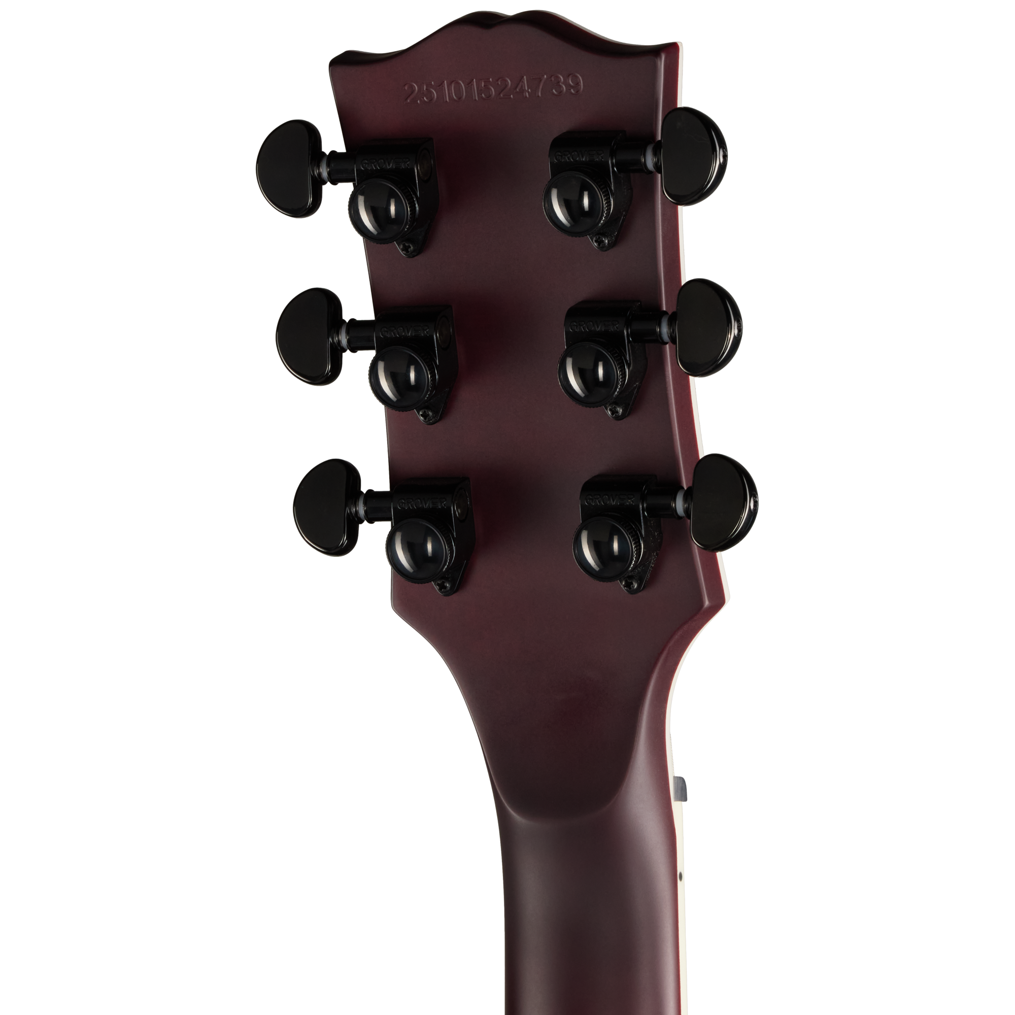 Gitarrenkopf, Gitarrenmechaniken, dunkelrotes Holz, schwarze Stimmwirbel, sechs Saiten